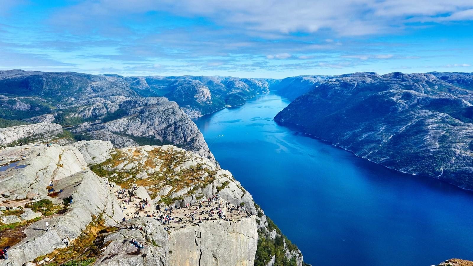 Fjord with mountains and blue sea